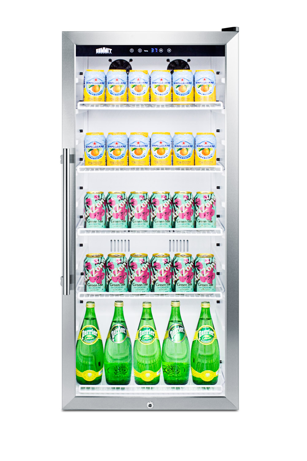 9 cu.ft. commercial glass door beverage merchandiser designed for the display and refrigeration of beverages and sealed food, with digital controls, LED lighting, full interior display, and a white cabinet